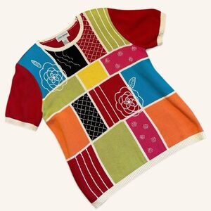 Vintage Alfred Dunner Patchwork Knit Top S Ramie Cotton Beaded Floral Blocks